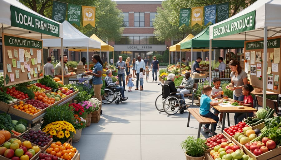 Busy farmers market with families, vendors, and community members engaging at colorful produce stalls