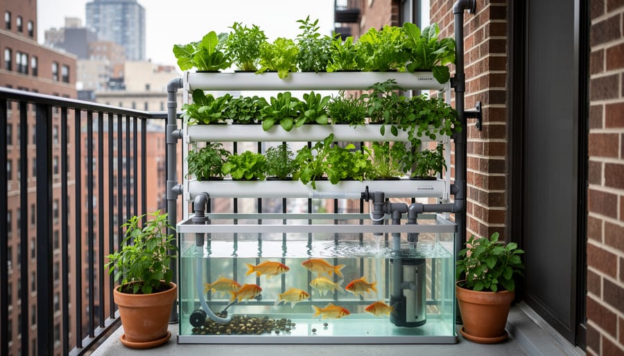 Compact aquaponics garden on city balcony with lettuce growing above fish tank