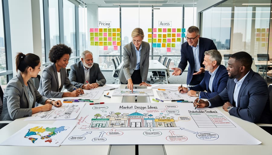 Overhead view of multiple hands collaborating over market planning sketches and notes