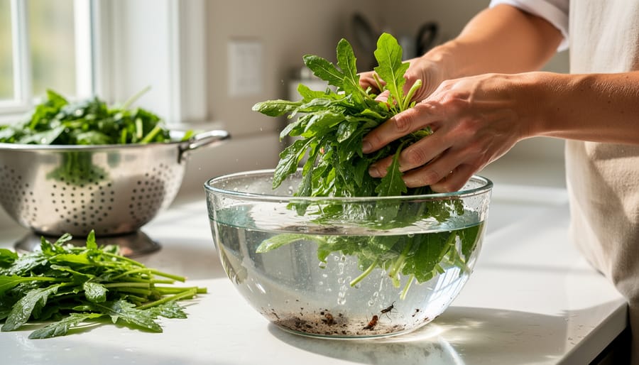 Hands washing wild foraged greens under running water in kitchen bowl