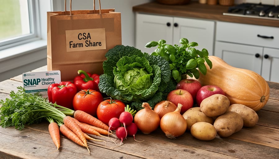 Overhead view of diverse fresh vegetables and produce from weekly CSA share