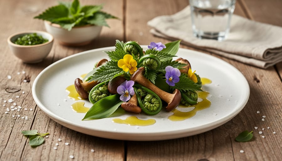 Plated gourmet salad featuring wild greens, edible flowers and foraged mushrooms