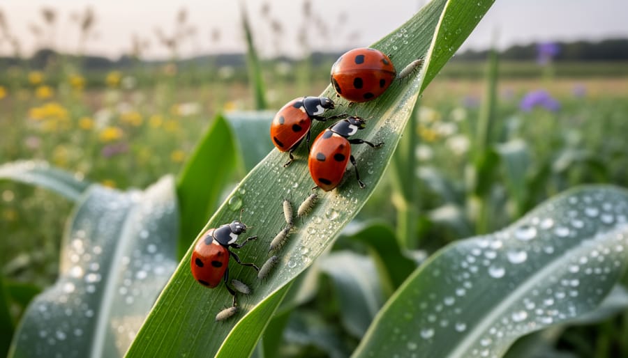 Ladybug beetle on plant stem with wildflowers in background showing natural pest control