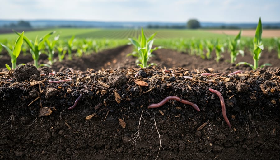 Farmer's hands holding dark composted soil with earthworms and organic matter