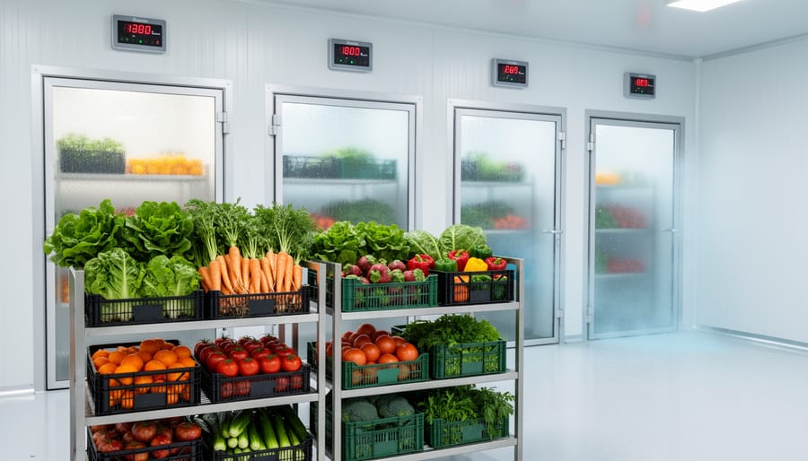 Walk-in cooler with organized produce in temperature-controlled zones