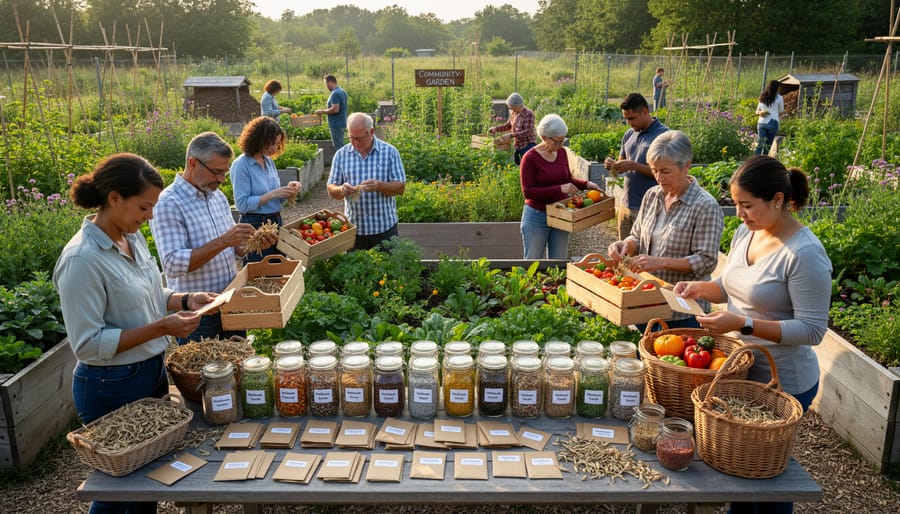 Group of gardeners working together planting seedlings in community garden