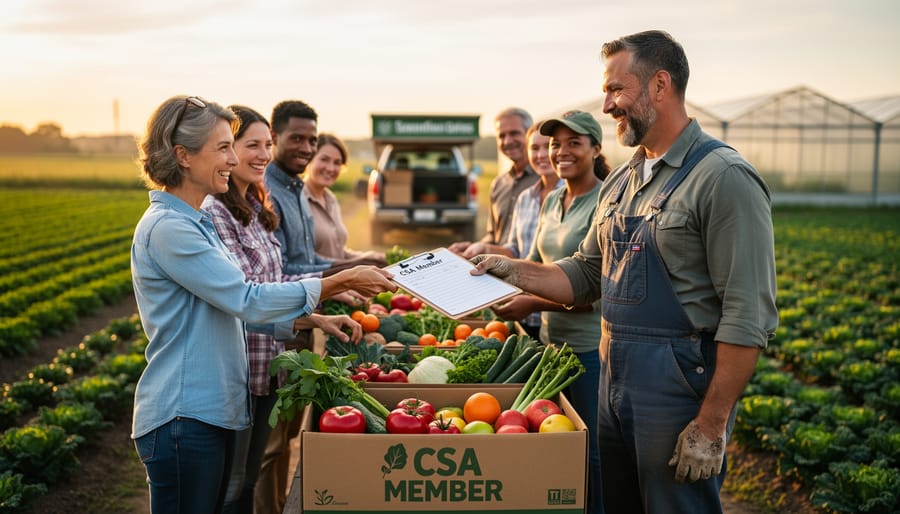 CSA members and farmer standing together in field with harvest crates of fresh vegetables