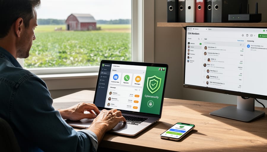 Farmer using smartphone and laptop for farm management with fresh vegetables on table