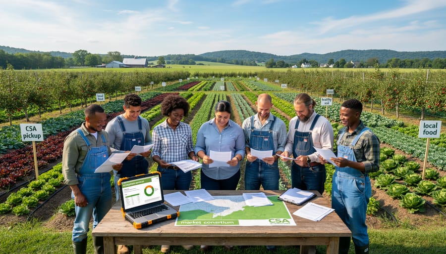 CSA farmer holding crate of freshly harvested vegetables in farm field