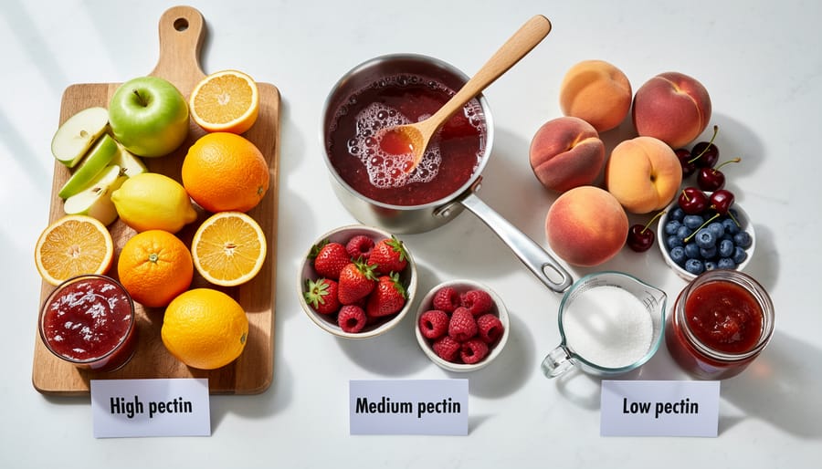 Assortment of fresh CSA fruits including strawberries, peaches, cherries and apples on wooden table