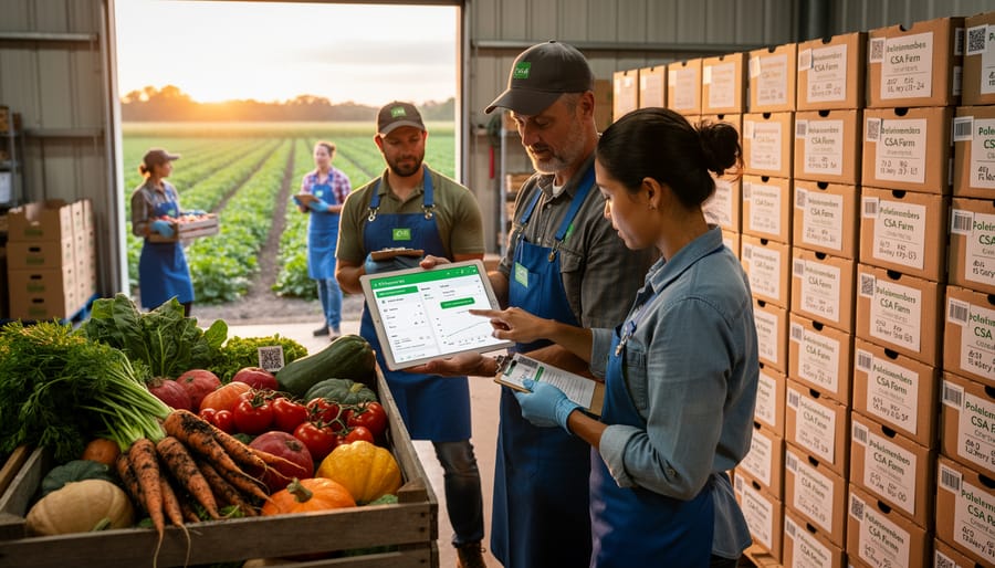 Farmer holding wooden crate of fresh harvested vegetables in CSA farm field