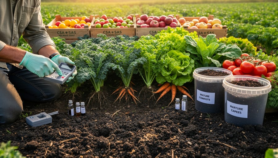 Colorful harvest of fresh CSA vegetables including tomatoes, kale, carrots, and eggplants