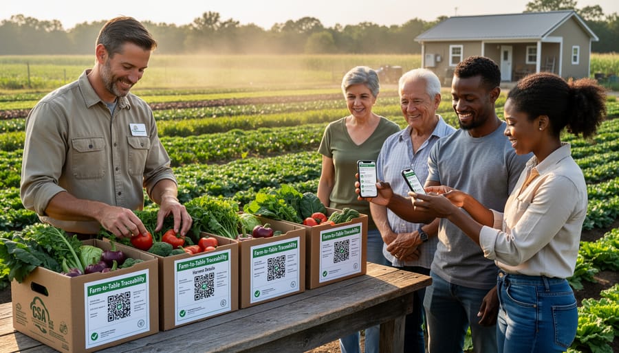 CSA farmer handing vegetable share box to member at farm pickup location