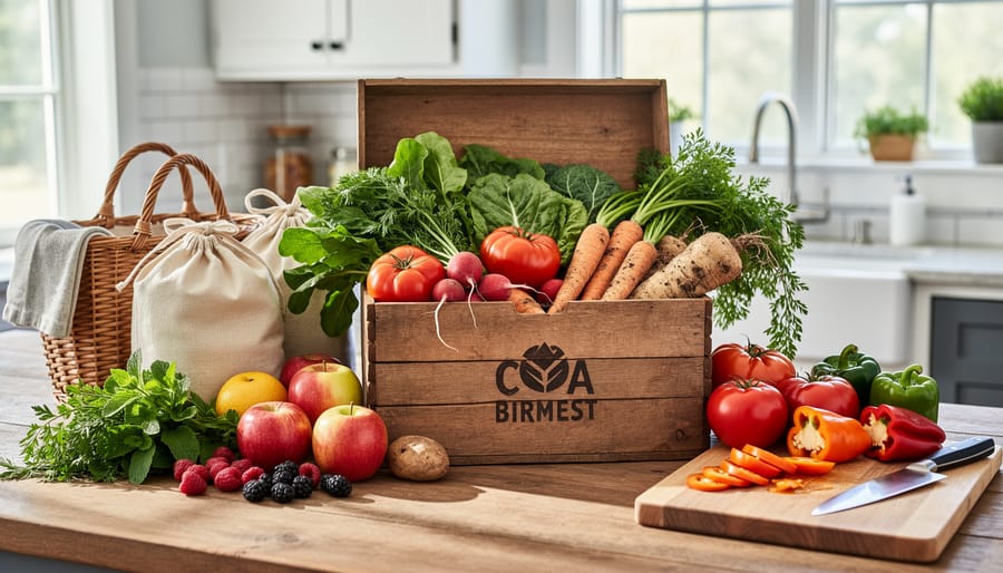Hands holding wooden crate filled with freshly harvested seasonal vegetables