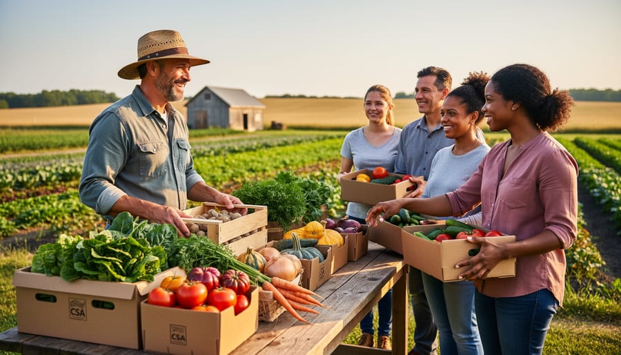 Hands exchanging wooden box filled with fresh colorful vegetables at farm stand