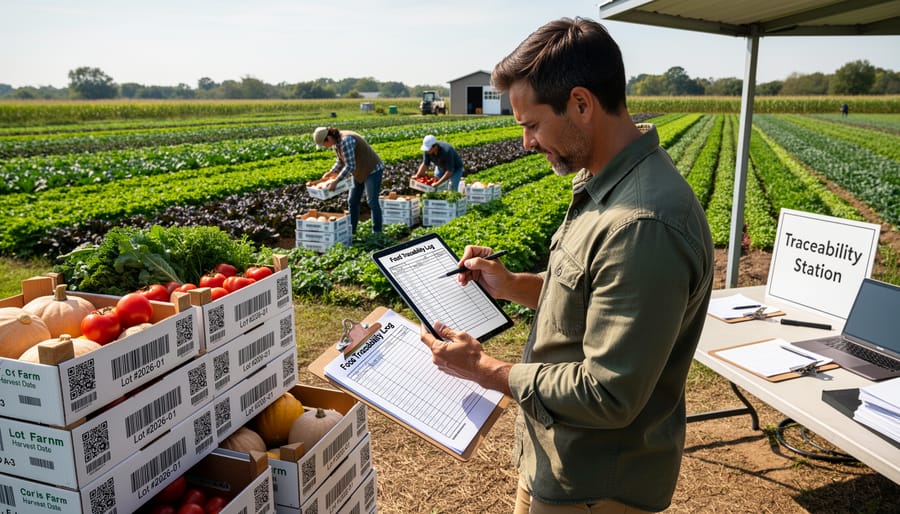 Fresh leafy greens, tomatoes, cucumbers and herbs in wooden harvest crates on farm table