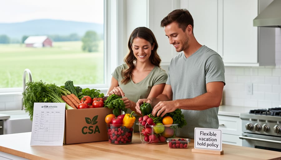 Fresh CSA vegetable harvest basket on porch next to travel suitcase