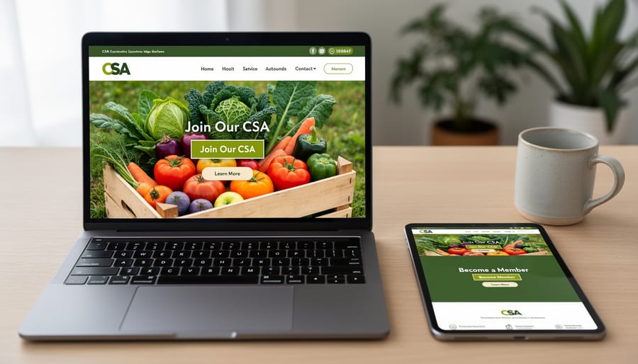 Farmer's hand pointing to call-to-action button on CSA farm website