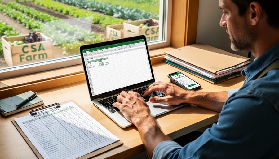 Farmer using smartphone and digital spreadsheet for record keeping in tomato field