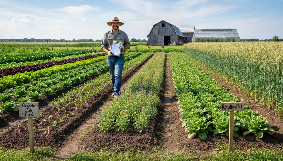Diverse organic vegetable field showing multiple crop varieties with farmer tending plants