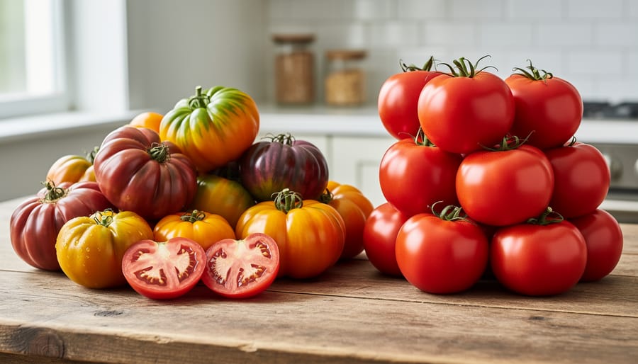 Colorful assortment of heirloom tomatoes in purple, orange, yellow, and red on wooden board