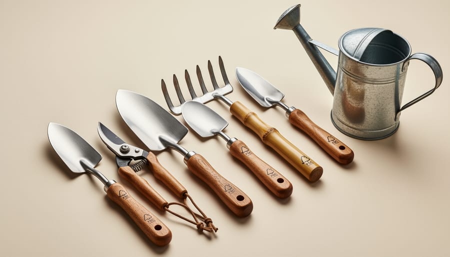 Overhead view of eco-friendly garden tools with wooden and bamboo handles arranged on wooden surface