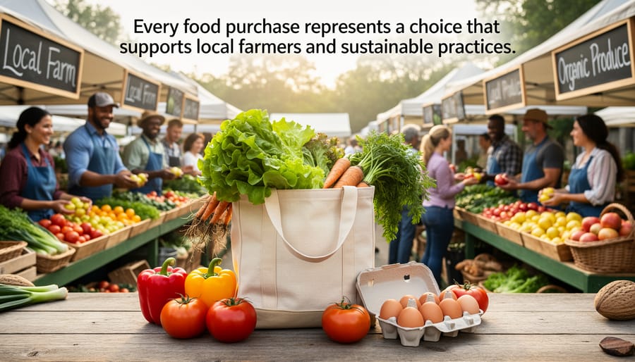 Hands holding reusable shopping bags filled with fresh vegetables at farmers market