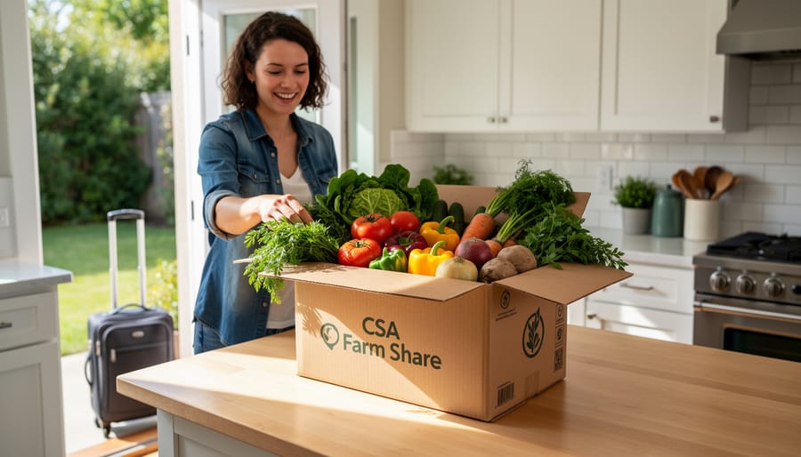 Happy family unpacking fresh CSA vegetables in kitchen after vacation