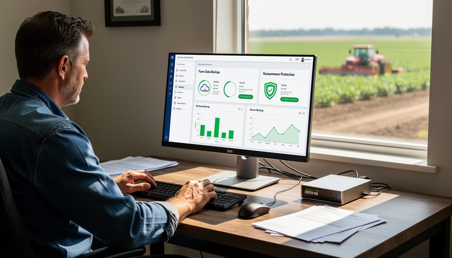 Backup hard drives and storage devices on farm office desk with laptop and paperwork