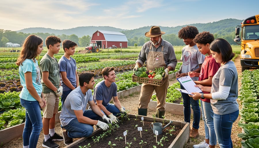 Farmer and students working together harvesting vegetables in community farm field