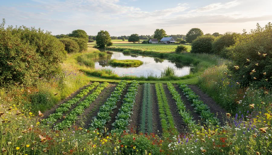 Aerial view of diversified farm showing patchwork of crop fields, wildflower strips, hedgerows and pond