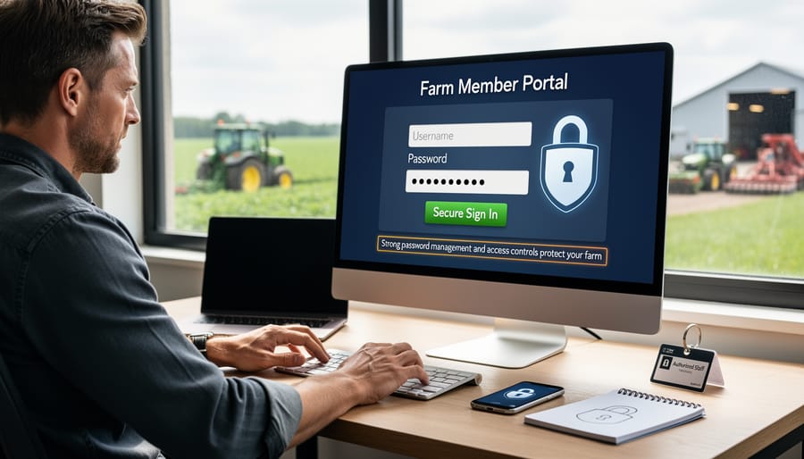 Person typing secure password on laptop keyboard in farm office setting