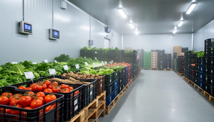 Clean organized farm storage area with vegetables in bins and temperature monitoring