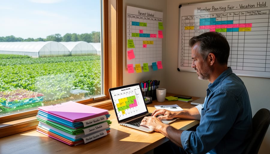 Farmer recording notes in notebook while standing in vegetable field