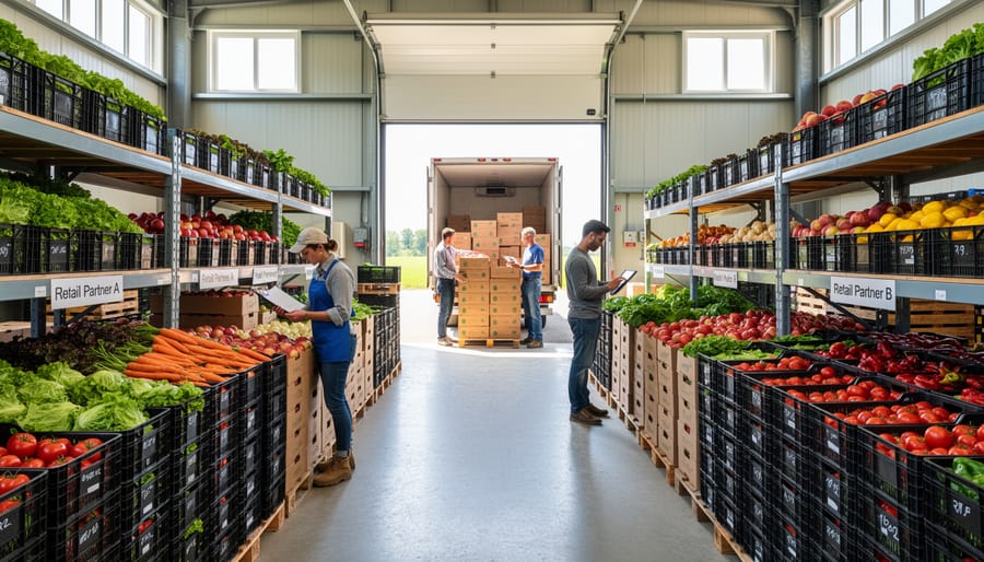 Organized farm warehouse interior with fresh vegetables in crates on shelving
