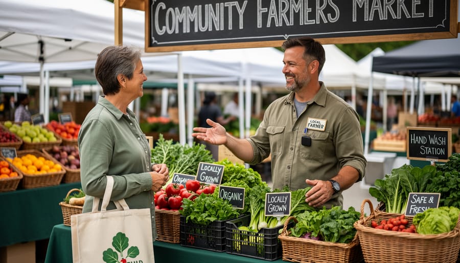 Farmer engaging with customers at farmers market stand discussing fresh produce