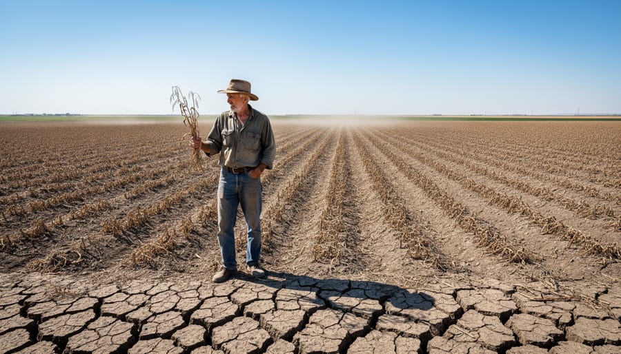 Farmer's hands holding small seedlings against drought-affected field with cracked soil