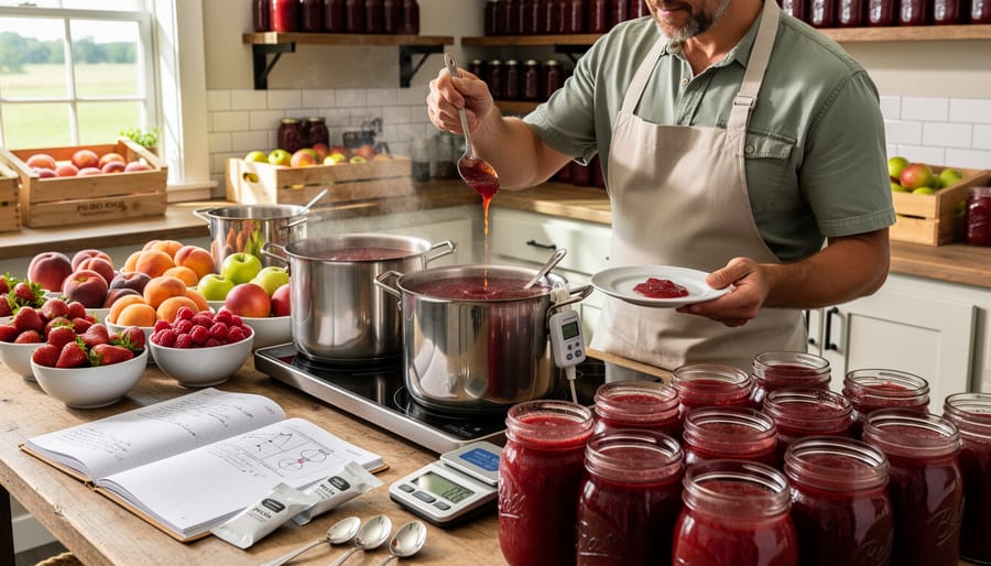 Farmer arranging homemade preserve jars at farm stand with berry fields in background