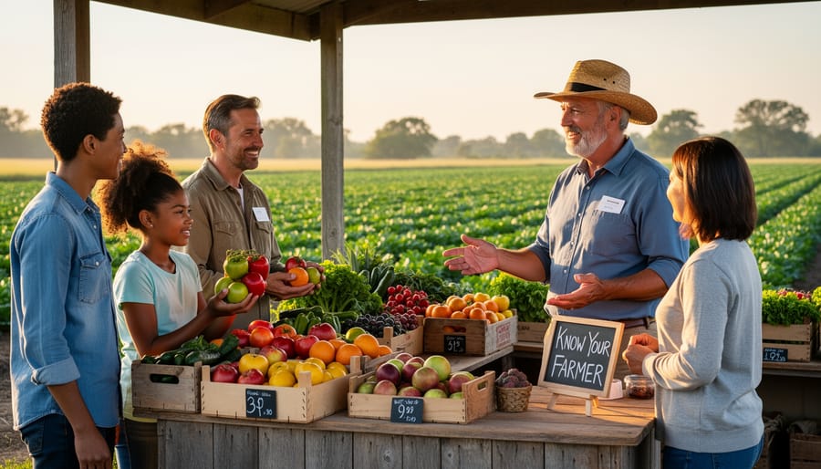 Farmworkers and farm owner engaging with customers at farmers market produce stand
