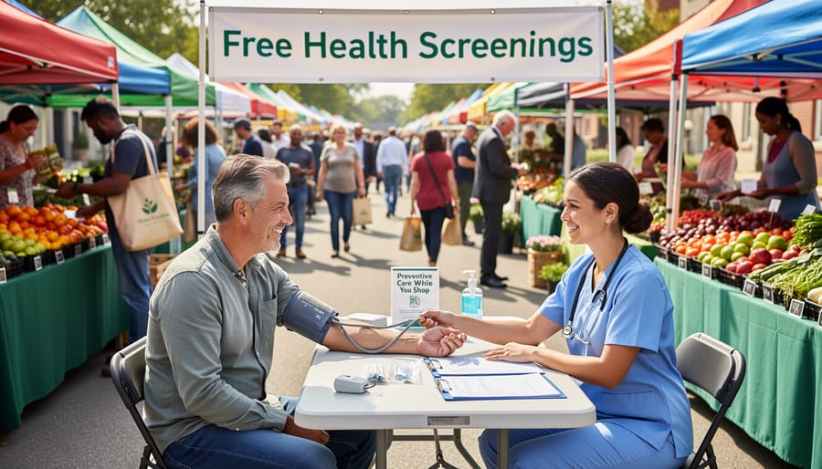 Healthcare worker performing blood pressure check for community member at farmers market booth