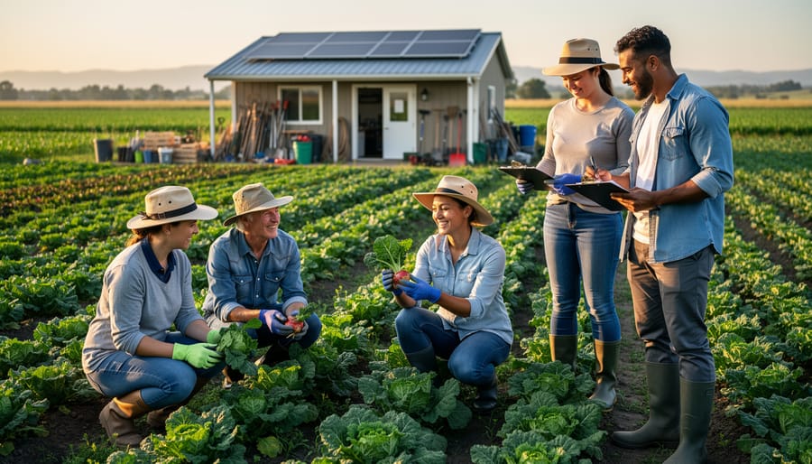 Farmworker smiling while holding crate of freshly harvested organic vegetables