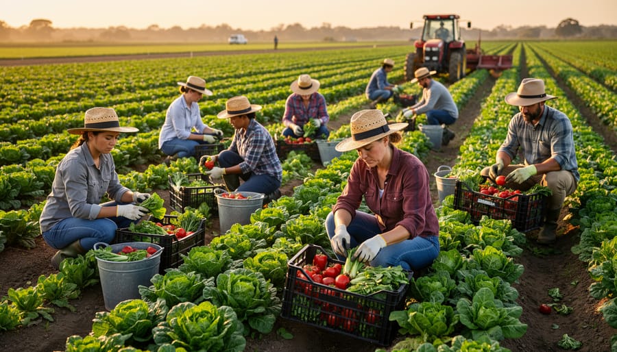 Farmworkers harvesting fresh vegetables in agricultural field during golden hour