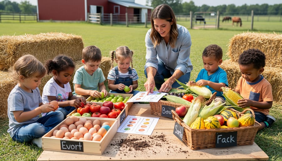 Child's hands sorting colorful harvested vegetables on wooden farm table