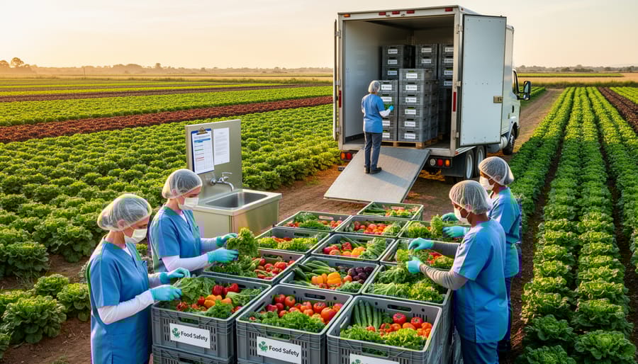Farmer wearing gloves sorting fresh lettuce on clean harvest table