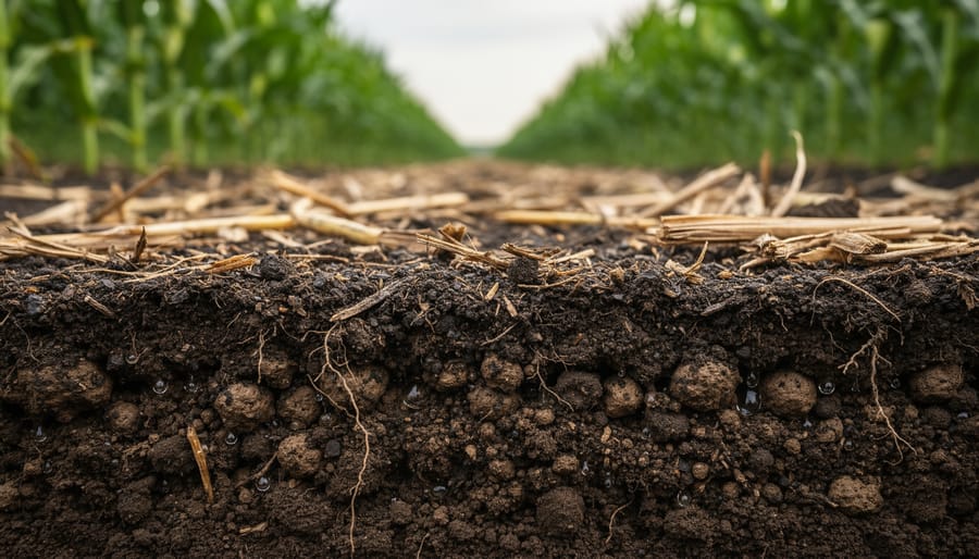 Close-up of dark, rich soil with visible structure held in farmer's hands