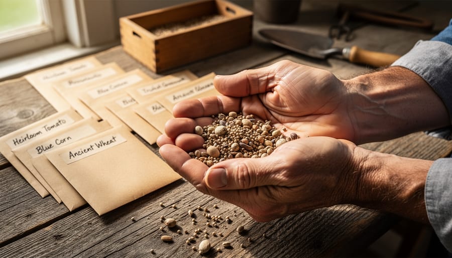 Elderly hands holding assorted heirloom seeds with vintage seed packets in background