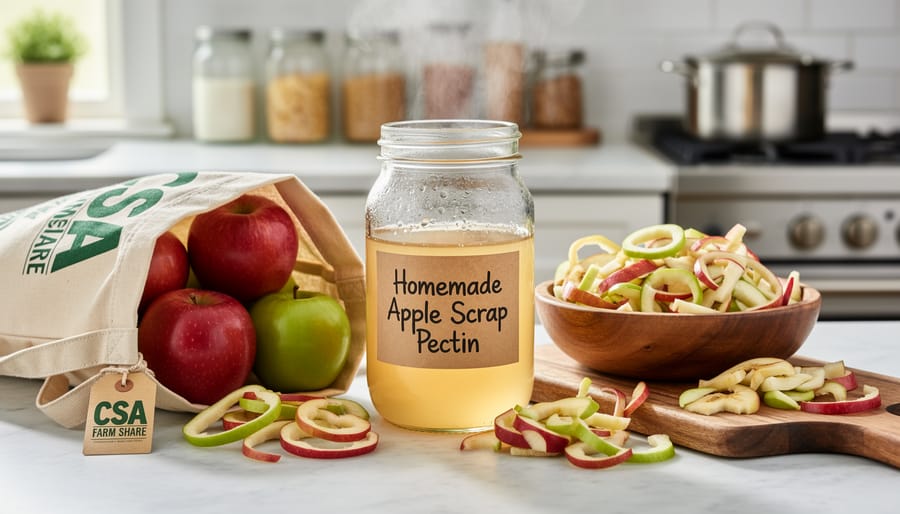 Hands pouring homemade apple pectin into copper preserving pan with apple scraps