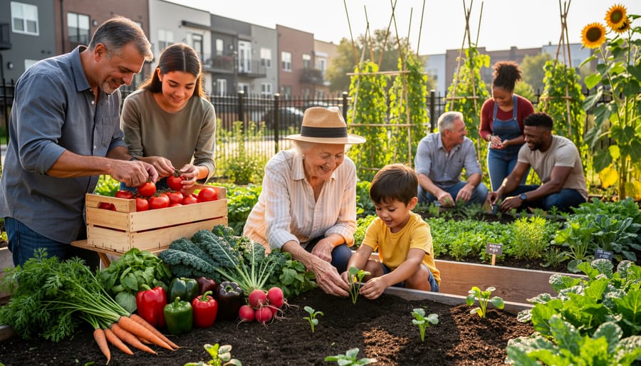 Elderly and young hands together holding freshly harvested vegetables from community garden