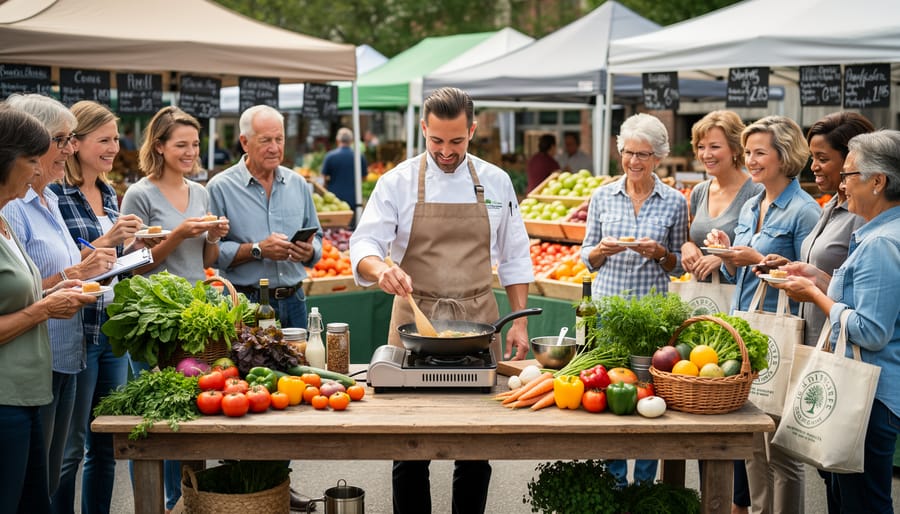 Chef demonstrating healthy cooking techniques with fresh vegetables at farmers market