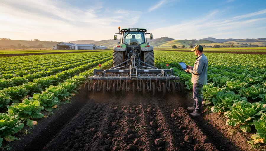 Farmer using stirrup hoe for weed cultivation between vegetable crop rows
